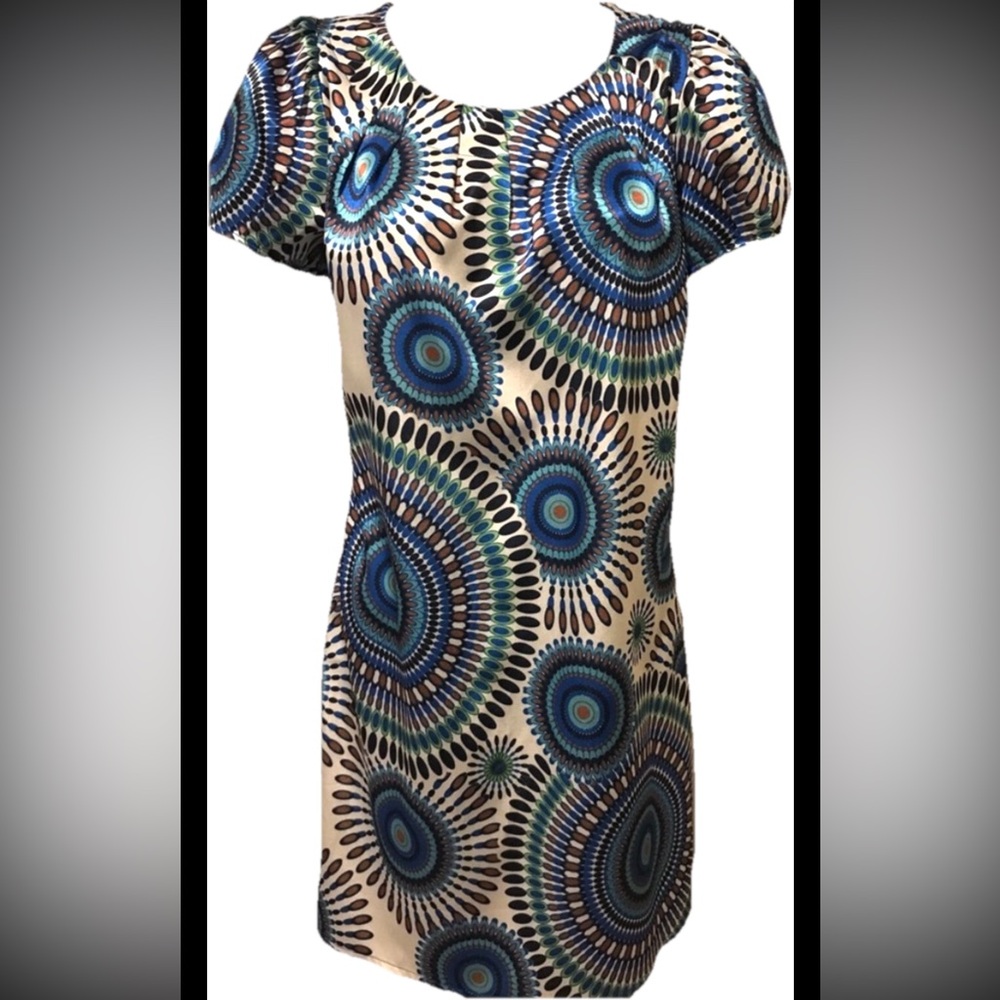 ARYEH Dress Boho Blue Geometric Circles Shift Scoop Neckline Small - Picture 2 of 10